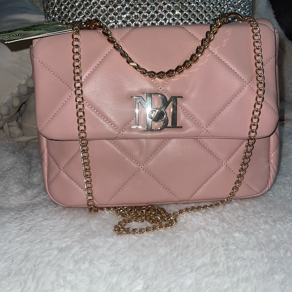 Badgley Mischka Pink Quilted Shoulder Bag with Gold Chain